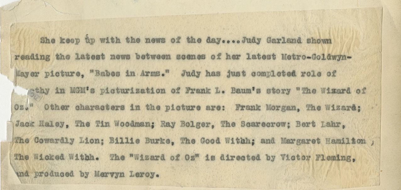 Note on back of the Judy Garland photo